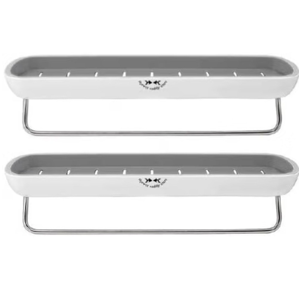 Shower Caddy Store 2 Pack Wall Mounted Adhesive Shelves w/ Towel Bar White/Gray